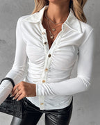 Button-Down Shirt with Collar Neck and Ruched Front