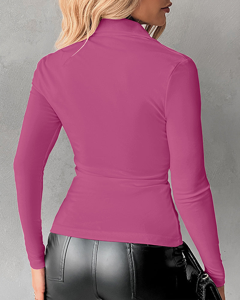Button-Down Shirt with Collar Neck and Ruched Front