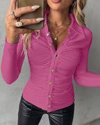 Button-Down Shirt with Collar Neck and Ruched Front