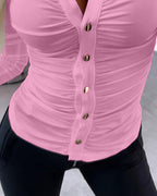 Button-Down Shirt with Collar Neck and Ruched Front