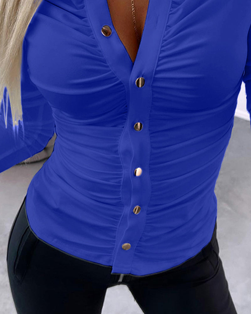 Button-Down Shirt with Collar Neck and Ruched Front