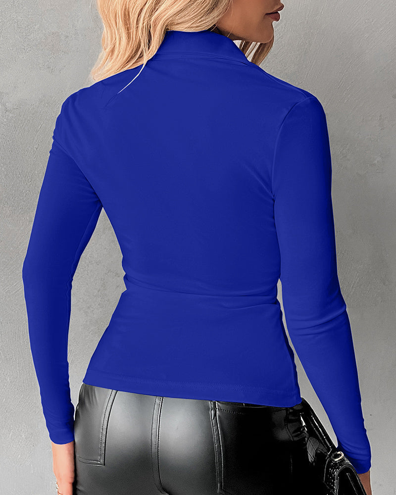 Button-Down Shirt with Collar Neck and Ruched Front