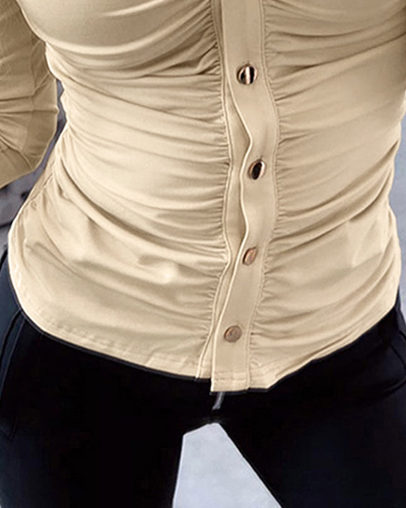 Button-Down Shirt with Collar Neck and Ruched Front