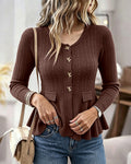 Cable-Knit Peplum Cardigan with Gold Bow Buttons - Coffee