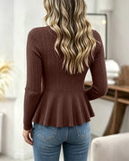 Cable-Knit Peplum Cardigan with Gold Bow Buttons - Coffee
