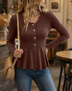 Cable-Knit Peplum Cardigan with Gold Bow Buttons - Coffee