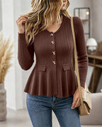 Cable-Knit Peplum Cardigan with Gold Bow Buttons - Coffee