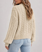 Chunky Cable-Knit Cardigan with Lantern Sleeves