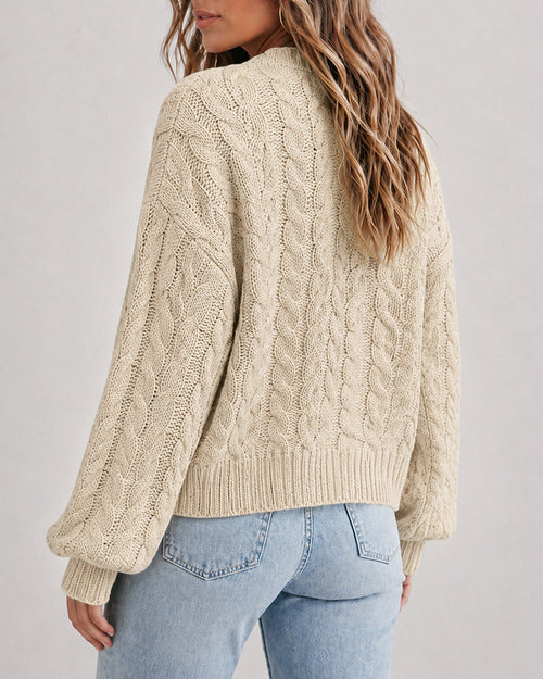Chunky Cable-Knit Cardigan with Lantern Sleeves
