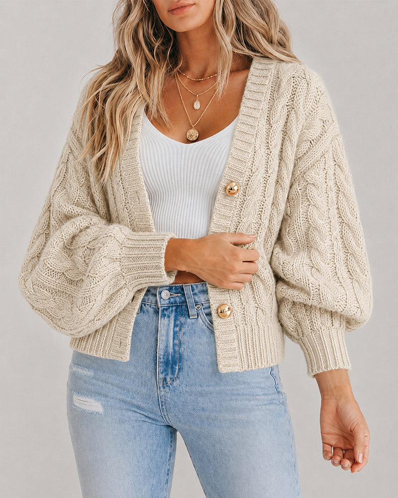 Chunky Cable-Knit Cardigan with Lantern Sleeves