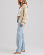 Chunky Cable-Knit Cardigan with Lantern Sleeves