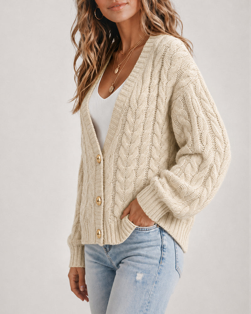 Chunky Cable-Knit Cardigan with Lantern Sleeves