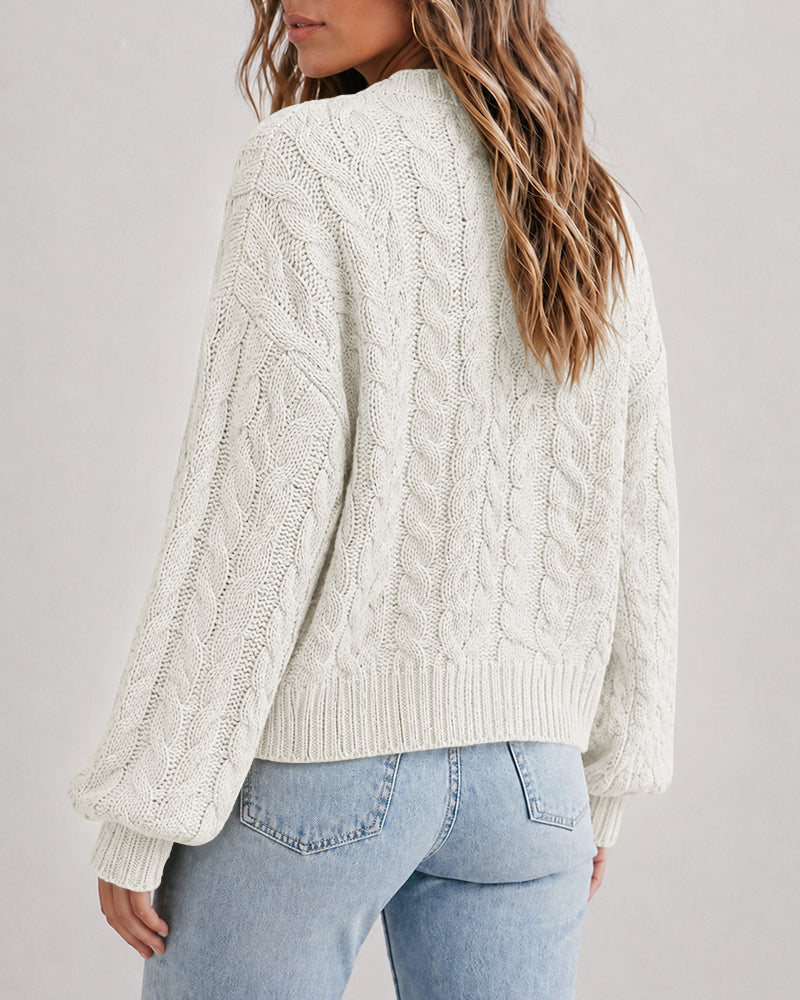 Chunky Cable-Knit Cardigan with Lantern Sleeves