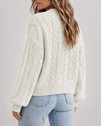 Chunky Cable-Knit Cardigan with Lantern Sleeves