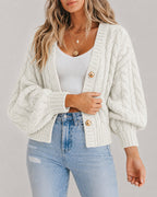 Chunky Cable-Knit Cardigan with Lantern Sleeves