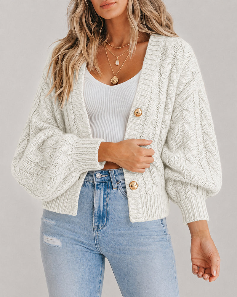 Chunky Cable-Knit Cardigan with Lantern Sleeves