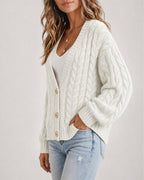 Chunky Cable-Knit Cardigan with Lantern Sleeves