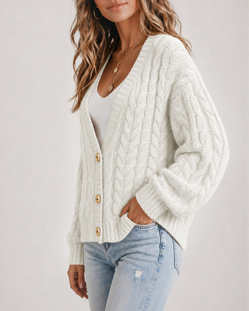 Chunky Cable-Knit Cardigan with Lantern Sleeves