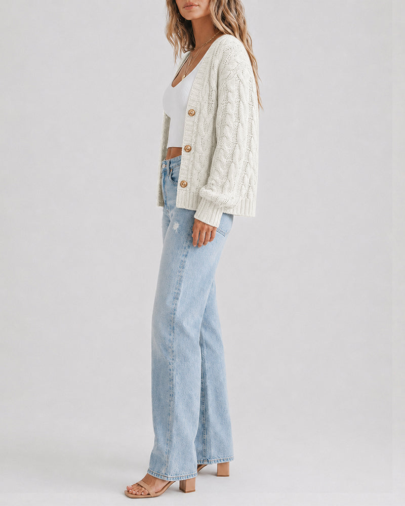 Chunky Cable-Knit Cardigan with Lantern Sleeves