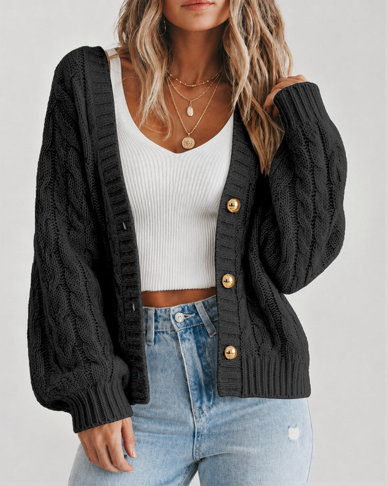 Chunky Cable-Knit Cardigan with Lantern Sleeves - Black