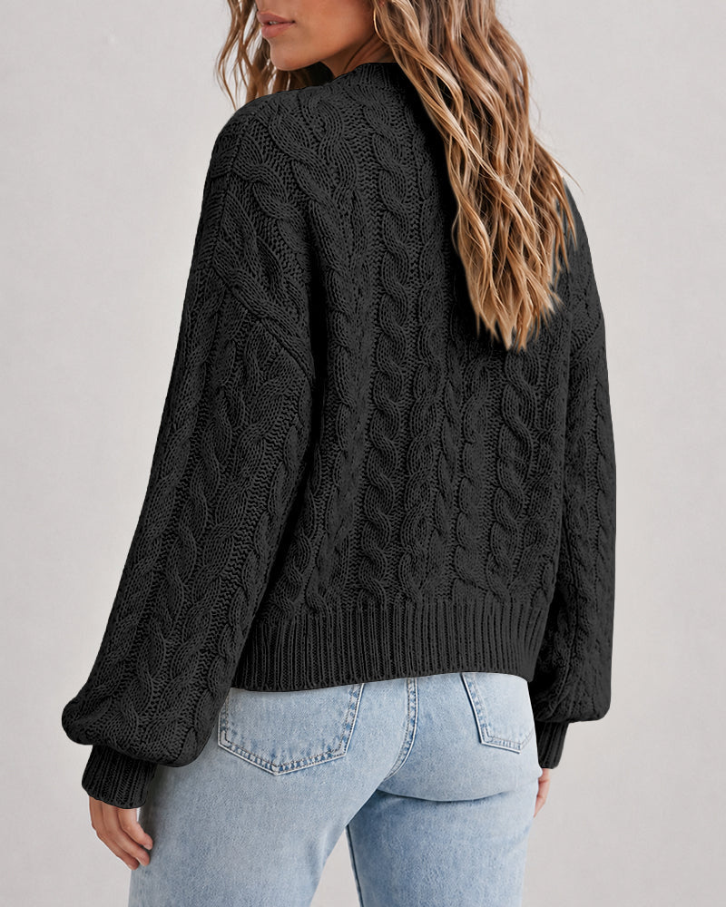 Chunky Cable-Knit Cardigan with Lantern Sleeves