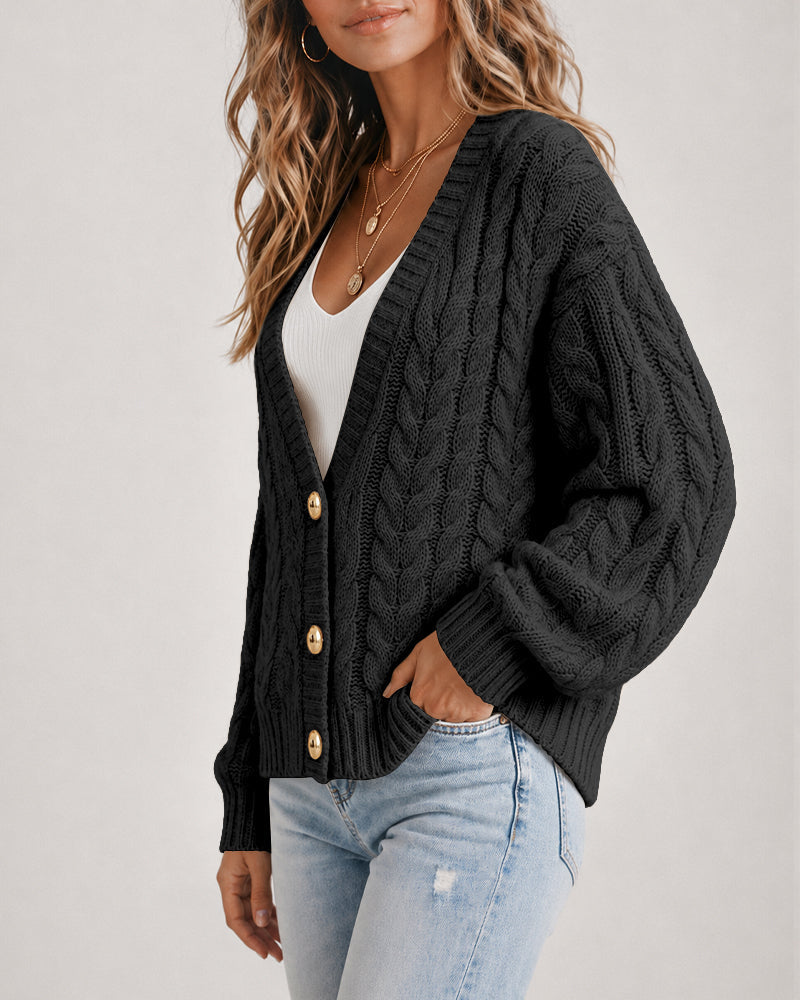 Chunky Cable-Knit Cardigan with Lantern Sleeves