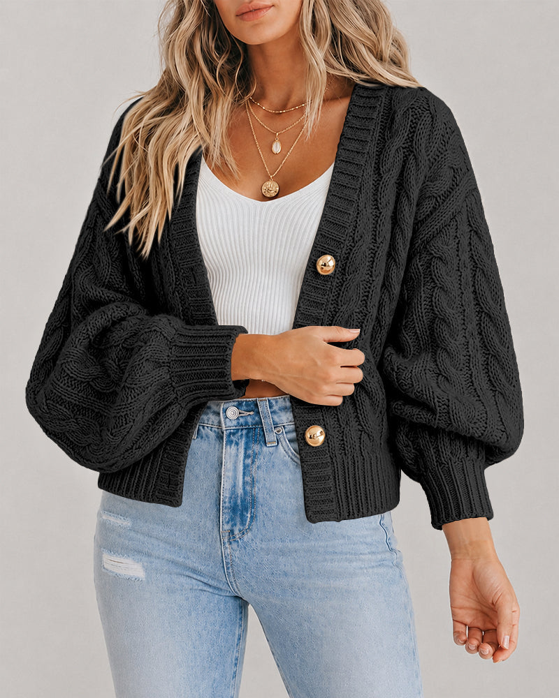 Chunky Cable-Knit Cardigan with Lantern Sleeves