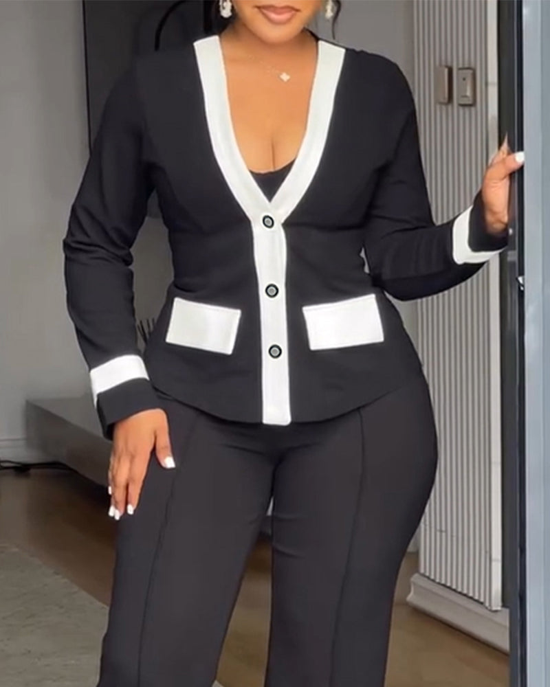 Contrast-Binding Coat with V Neck and Button Front - Black