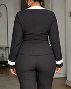 Contrast-Binding Coat with V Neck and Button Front - Black