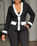 Contrast-Binding Coat with V Neck and Button Front - Black