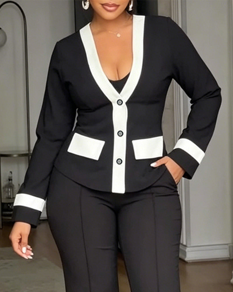 Contrast-Binding Coat with V Neck and Button Front - Black