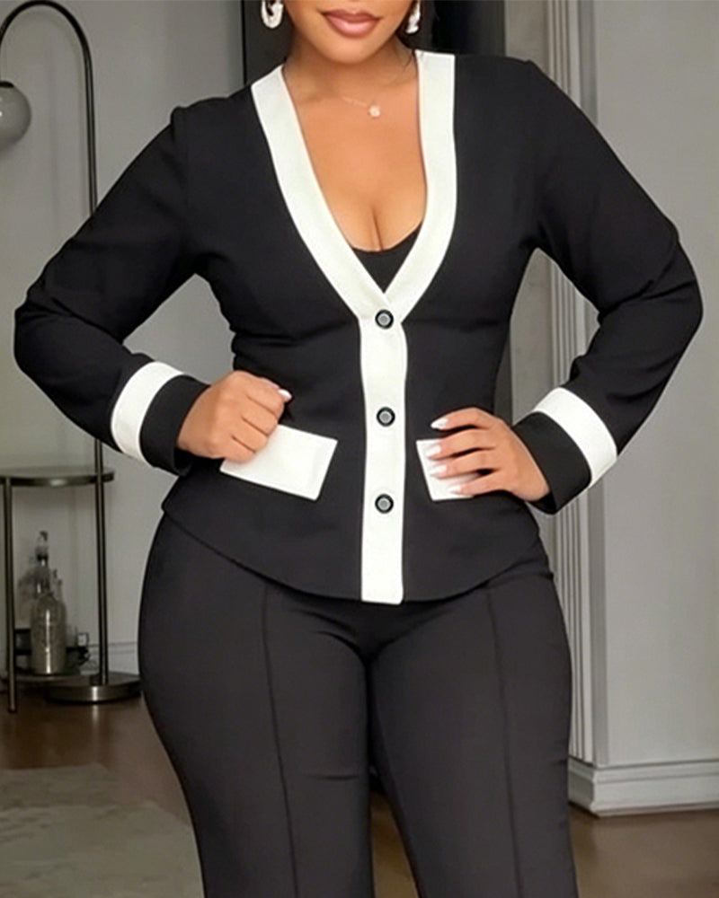 Contrast-Binding Coat with V Neck and Button Front - Black