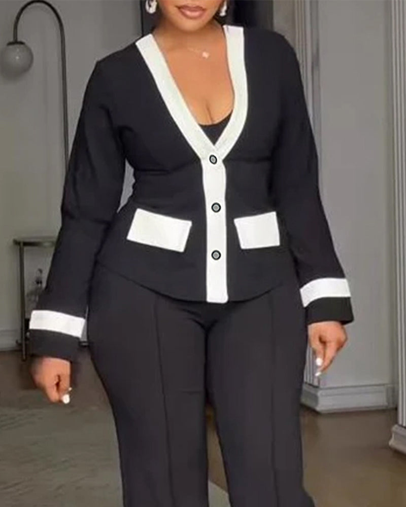 Contrast-Binding Coat with V Neck and Button Front - Black