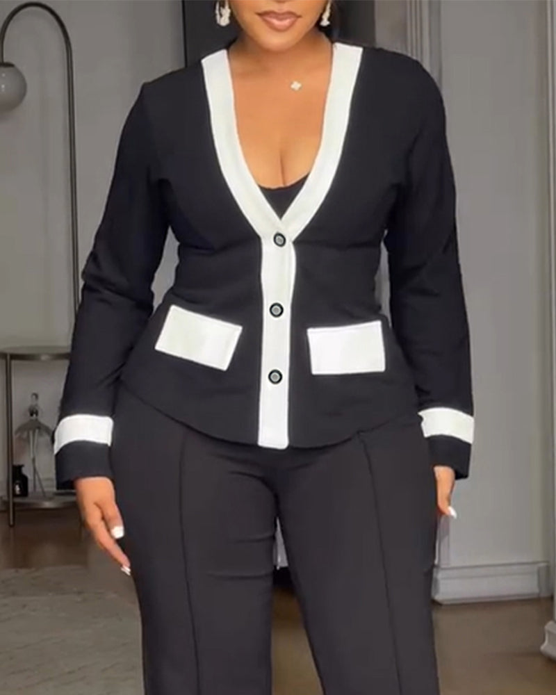Contrast-Binding Coat with V Neck and Button Front - Black