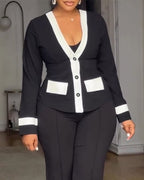 Contrast-Binding Coat with V Neck and Button Front - Black