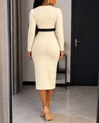 Contrast-Binding Pencil Midi Dress with Long Sleeves - Apricot