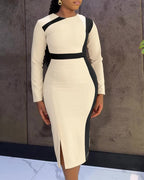 Contrast-Binding Pencil Midi Dress with Long Sleeves - Apricot