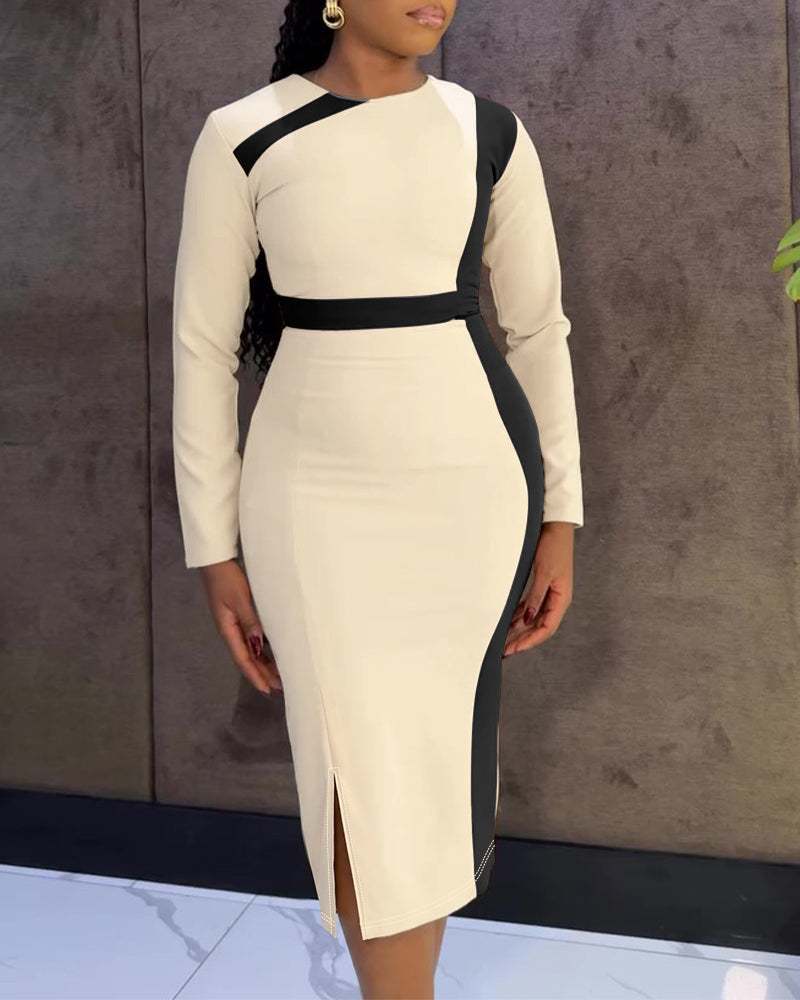 Contrast-Binding Pencil Midi Dress with Long Sleeves - Apricot