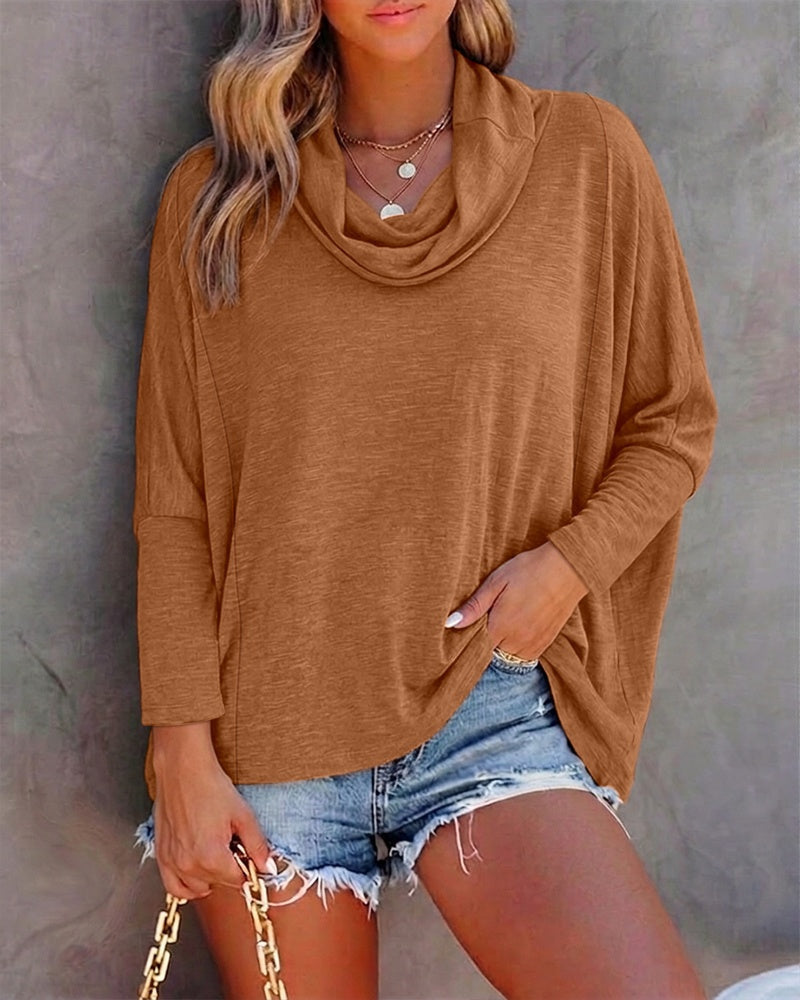 Cowl-Neck Batwing Top with Soft Drape and Long Sleeves - Brown