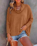 Cowl-Neck Batwing Top with Soft Drape and Long Sleeves - Brown