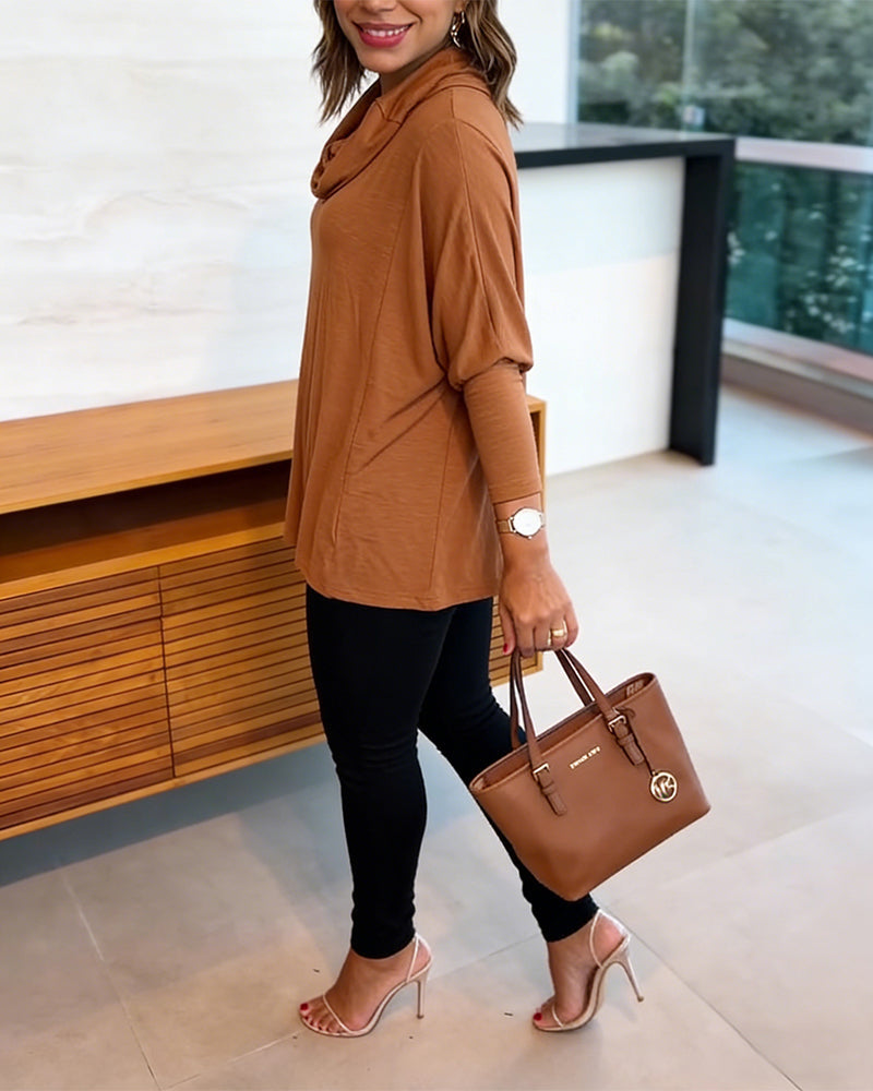 Cowl-Neck Batwing Top with Soft Drape and Long Sleeves