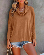 Cowl-Neck Batwing Top with Soft Drape and Long Sleeves