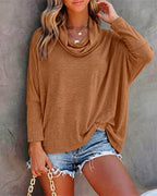 Cowl-Neck Batwing Top with Soft Drape and Long Sleeves