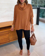 Cowl-Neck Batwing Top with Soft Drape and Long Sleeves