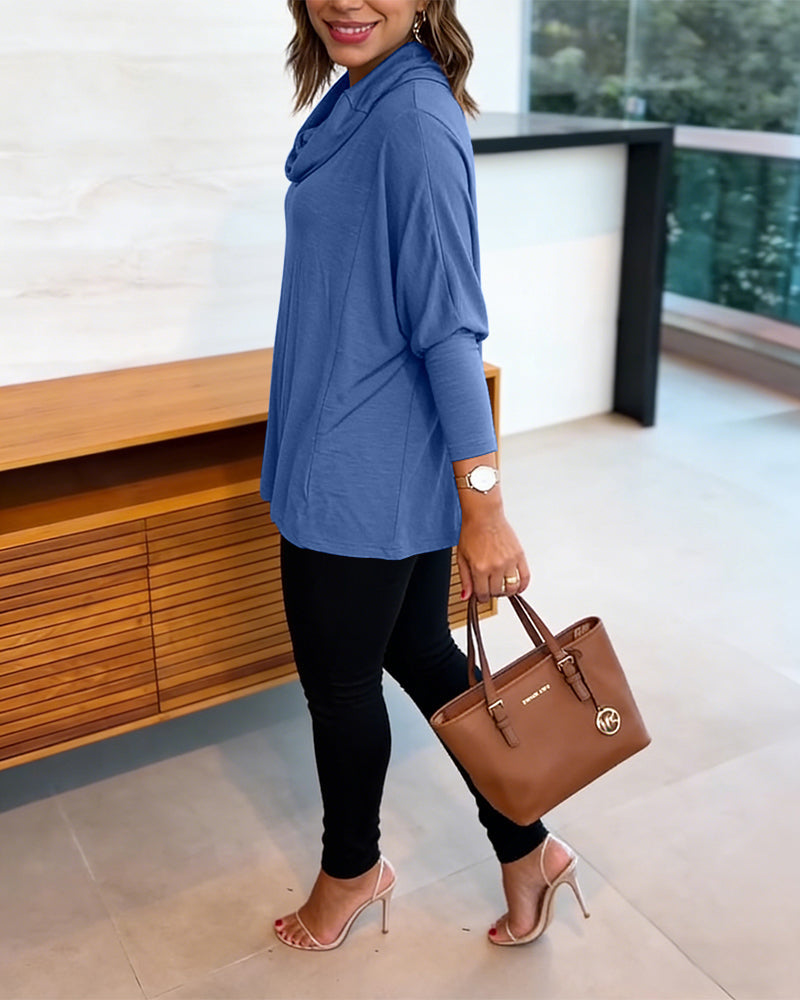 Cowl-Neck Batwing Top with Soft Drape and Long Sleeves