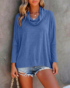 Cowl-Neck Batwing Top with Soft Drape and Long Sleeves