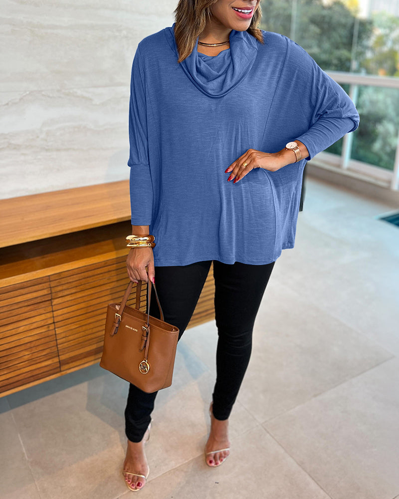 Cowl-Neck Batwing Top with Soft Drape and Long Sleeves