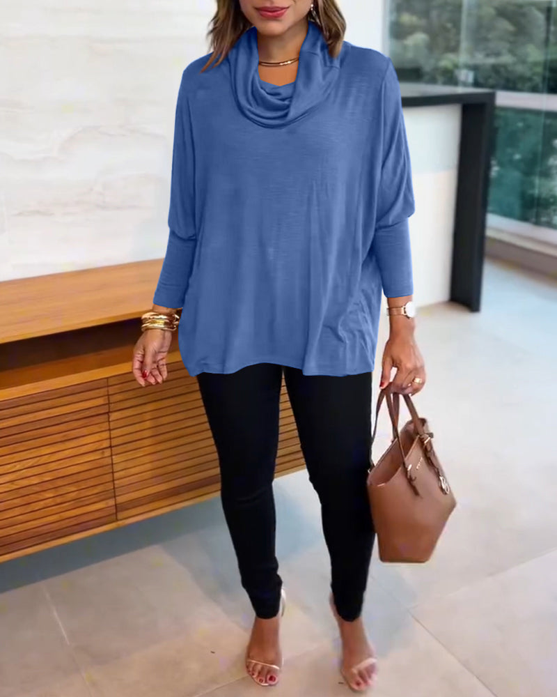 Cowl-Neck Batwing Top with Soft Drape and Long Sleeves