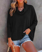 Cowl-Neck Batwing Top with Soft Drape and Long Sleeves - Black