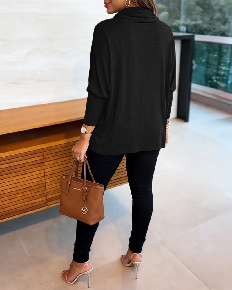 Cowl-Neck Batwing Top with Soft Drape and Long Sleeves